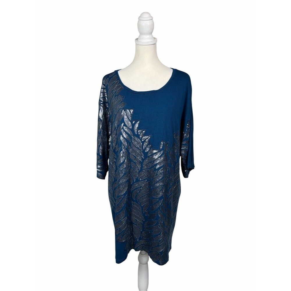 KZ by Karen Zambos Sequined Leaf Print Tunic Blue Metallic Art To Wear Large